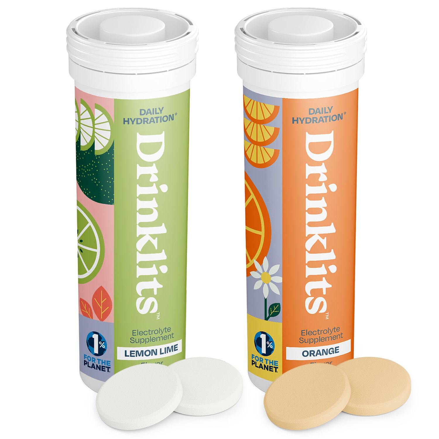 Drinklits Lemon-Lime Orange Electrolyte Tablets (2) Tube Bundle Citrus Daily Hydration Combo Pack Delicious Natural Flavors - 0g Sugar - Daily Use 20 Servings - 10 Tablets Per Tube