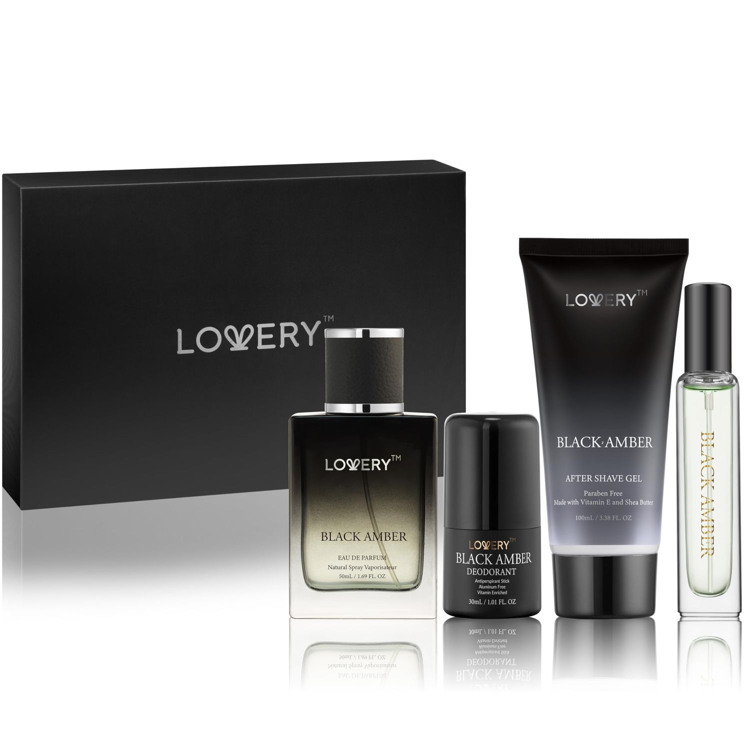 LOVERY Mens Gifts Black Amber Mens Perfume 4 in 1 Deodorant Cologne Gift Set - 4pc Mens Cologne Set - Parfum, Antiperspirant Deodorant Stick, Aftershave Gel, Masculine Birthday Perfumes for Men