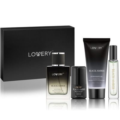 LOVERY Mens Gifts Black Amber Mens Perfume 4 in 1 Deodorant Cologne Gift Set - 4pc Mens Cologne Set - Parfum, Antiperspirant Deodorant Stick, Aftershave Gel, Masculine Birthday Perfumes for Men