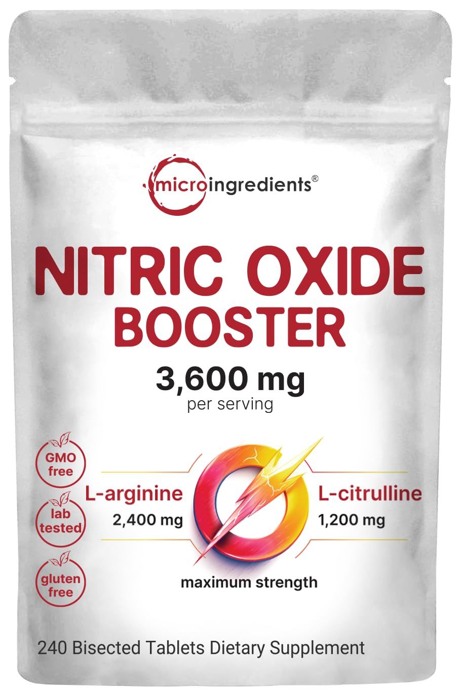 Nitric Oxide Booster 3,600mg Per Serving, 240 Bisected Tablets Max Strength L-Arginine L-Citrulline Amino Acid Complex Supports Muscle, Energy, Heart Health Non-GMO, Gluten Free