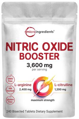 Nitric Oxide Booster 3,600mg Per Serving, 240 Bisected Tablets Max Strength L-Arginine L-Citrulline Amino Acid Complex Supports Muscle, Energy, Heart Health Non-GMO, Gluten Free