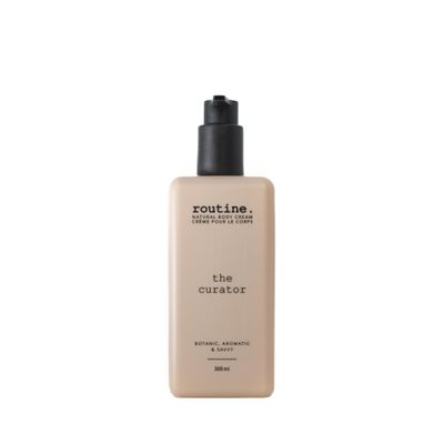 Routine The Curator 350ml Natural Body Cream. Eucalyptus, Geranium, Black Spruce Cocoa. Botanicals No Synthetic Fragrance Vegan Clinically Tested Hands Body Signature Scent