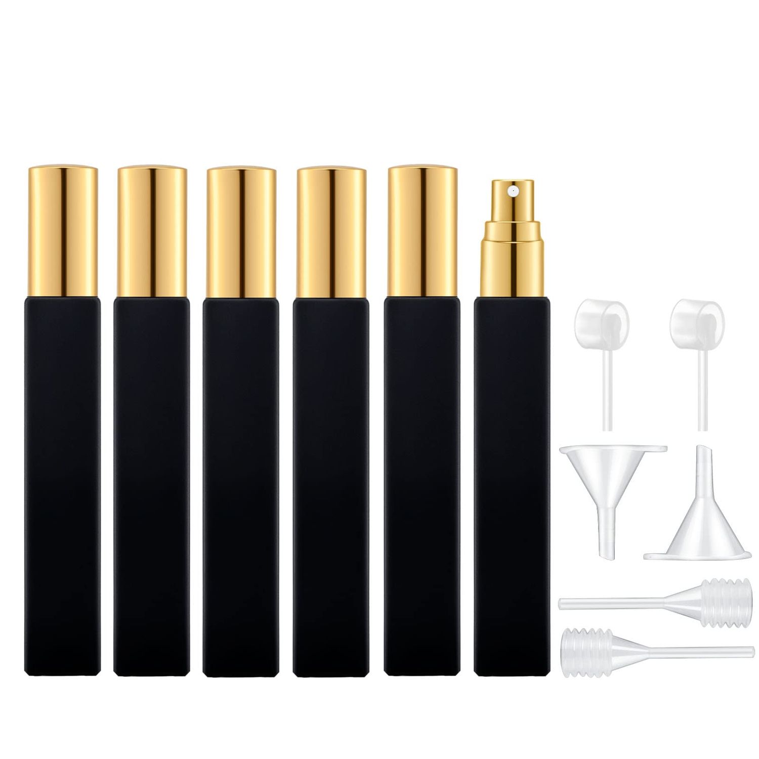 Lil Ray 10ml Glass Spray Bottle Refillable Perfume Atomizer for Men Women. Portable Fragrance Bottle for Travel,Party. Squared Shape, Coated Surface, UV Protection (6PCS,BlackGold)