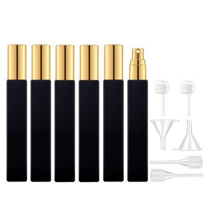 Lil Ray 10ml Glass Spray Bottle Refillable Perfume Atomizer for Men Women. Portable Fragrance Bottle for Travel,Party. Squared Shape, Coated Surface, UV Protection (6PCS,BlackGold)