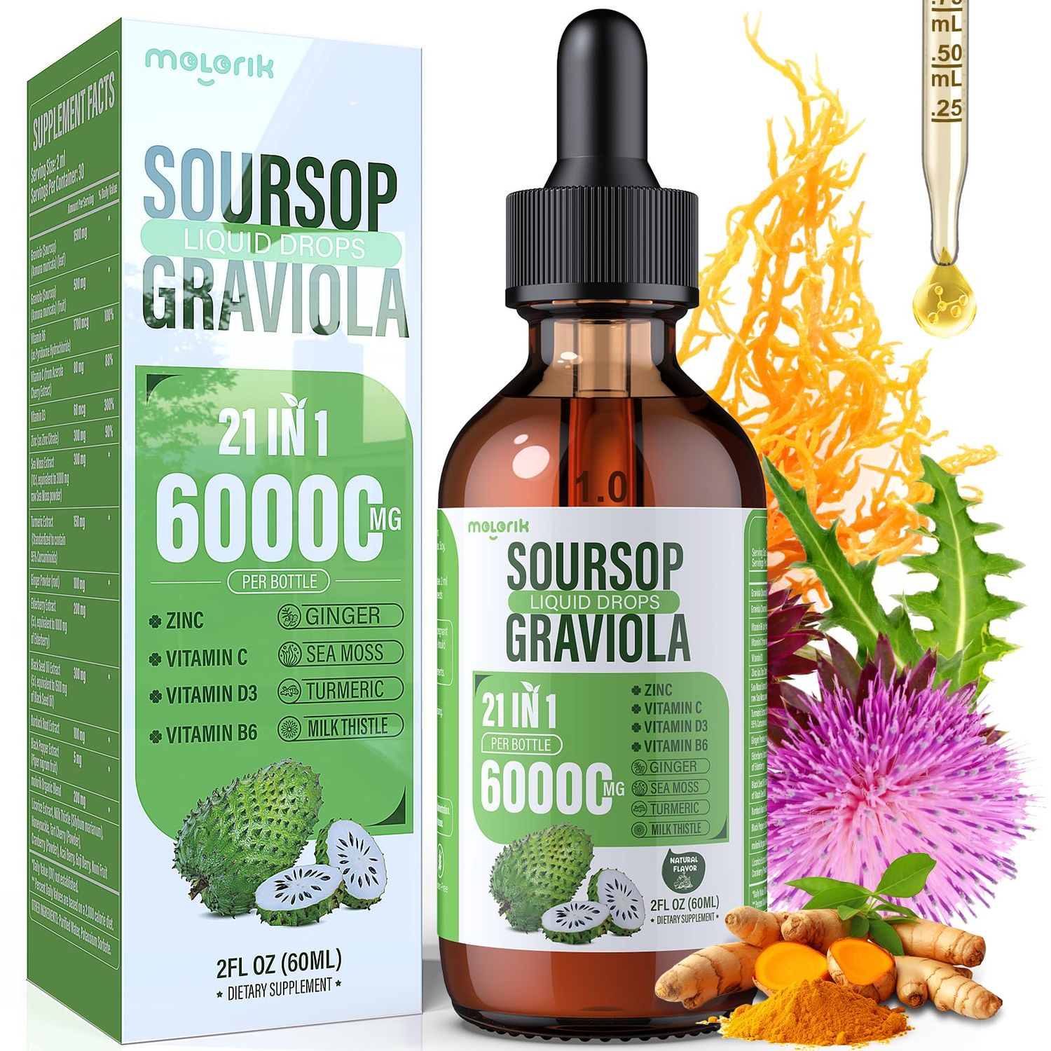 21-in-1 Soursop Graviola Liquid Drop, Soursop Bitters Liquid 2000mg Organic Soursop Leaves Fruit with 300mg Sea Moss, Zinc, Vitamins for Cellular, Immune, Skin, Digestive, Natural Flavor, 60ML