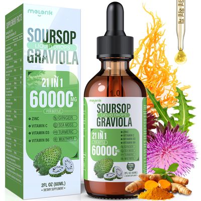 21-in-1 Soursop Graviola Liquid Drop, Soursop Bitters Liquid 2000mg Organic Soursop Leaves Fruit with 300mg Sea Moss, Zinc, Vitamins for Cellular, Immune, Skin, Digestive, Natural Flavor, 60ML