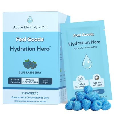 Feel Goods Hydration Hero, 1,000mg Electrolytes Powder, Sugar Free, Magnesium, Organic Aloe Vera, L Theanine, Vitamin C B12, Keto, Vegan, Electrolyte Packets, Blue Raspberry, 15 Count