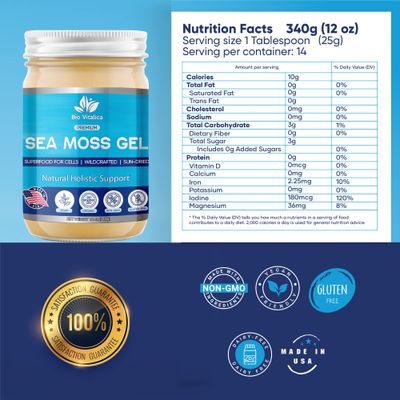 Sea Moss Gel by BioVitalica - Irish sea Moss raw Organic - Premium Quality - Dr Sebi, Vegan superfood for Cells - 100 Natural Seamoss Gel - (Pack of 1, Original)