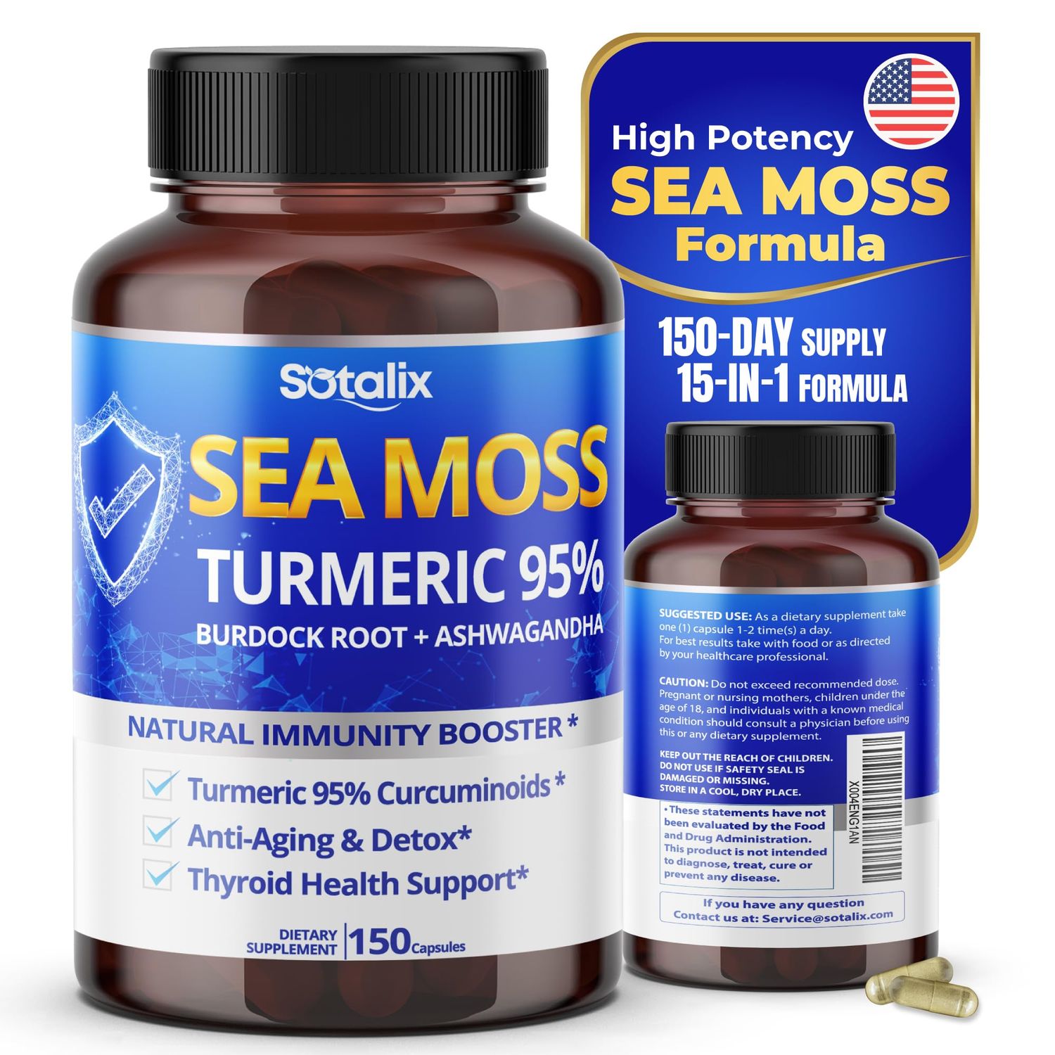 Sotalix Sea Moss Capsule with Ashwagandha, Burdock Root, Bladderwrack, Turmeric - Powerful Natural Immunity Booster - USA Made (150 Count (Pack of 1))