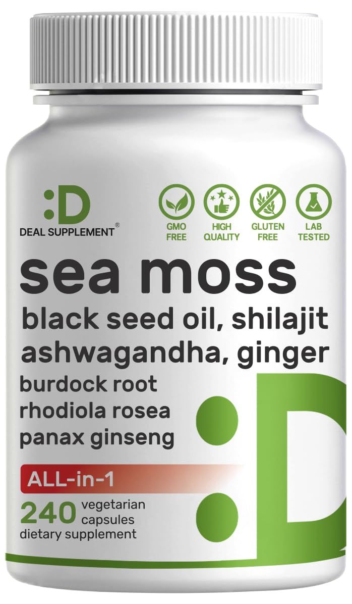 DEAL SUPPLEMENT Irish Sea Moss 7000mg Per Serving, 240 Veggie Capsules - 14 Superfood Complex - 3000mg Black Seed Oil, 2000mg Ashwagandha, 600mg Ginger