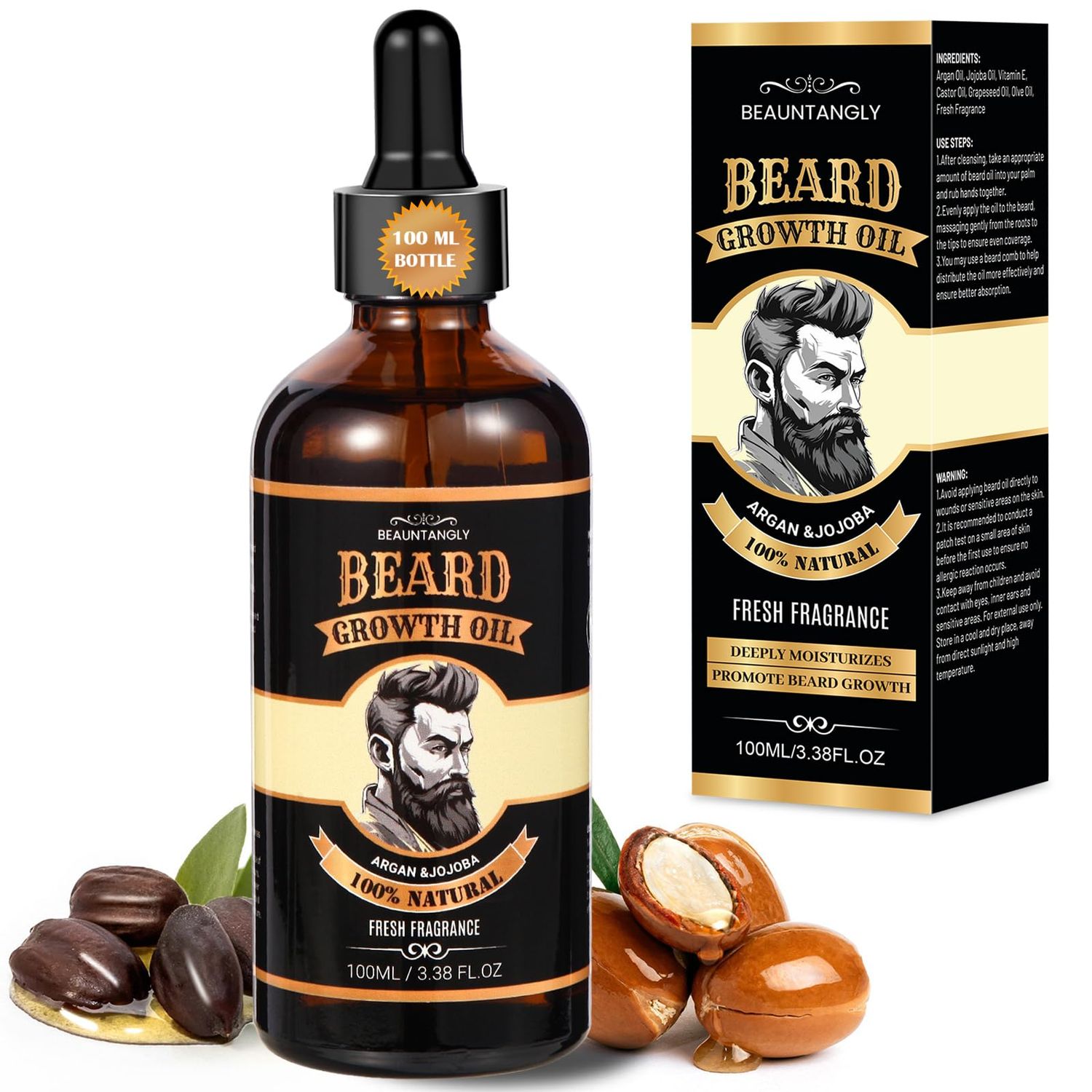 Beard Growth Oil for Men, 100 Natural Beard Oil with Argan Oil, Jojoba Oil, Castor Oil - 3.38 FL100ML Fresh Fragrance Beard Conditioner Softens, Nourishes,Strengthens, Promotes Beard Growth