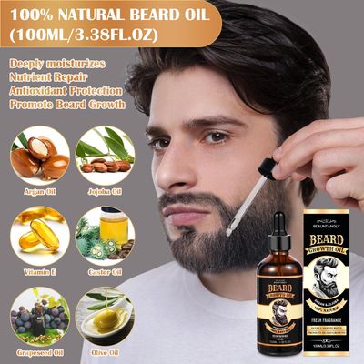Beard Growth Oil for Men, 100 Natural Beard Oil with Argan Oil, Jojoba Oil, Castor Oil - 3.38 FL100ML Fresh Fragrance Beard Conditioner Softens, Nourishes,Strengthens, Promotes Beard Growth