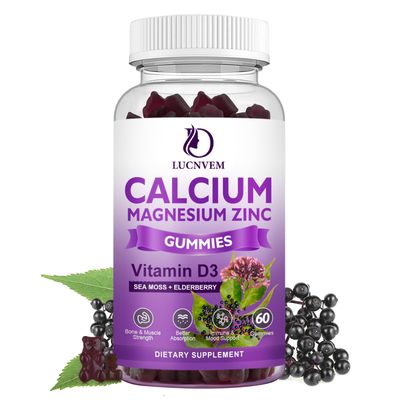 Sugar Free Calcium Magnesium Zinc Gummies with Elderberry and Sea Moss, Calcium Magnesium 21, Magnesium Glycinate, Potassium and Vitamin D3 for Bones, Muscles, Calm Mood Sleep Support, 60 Gummies