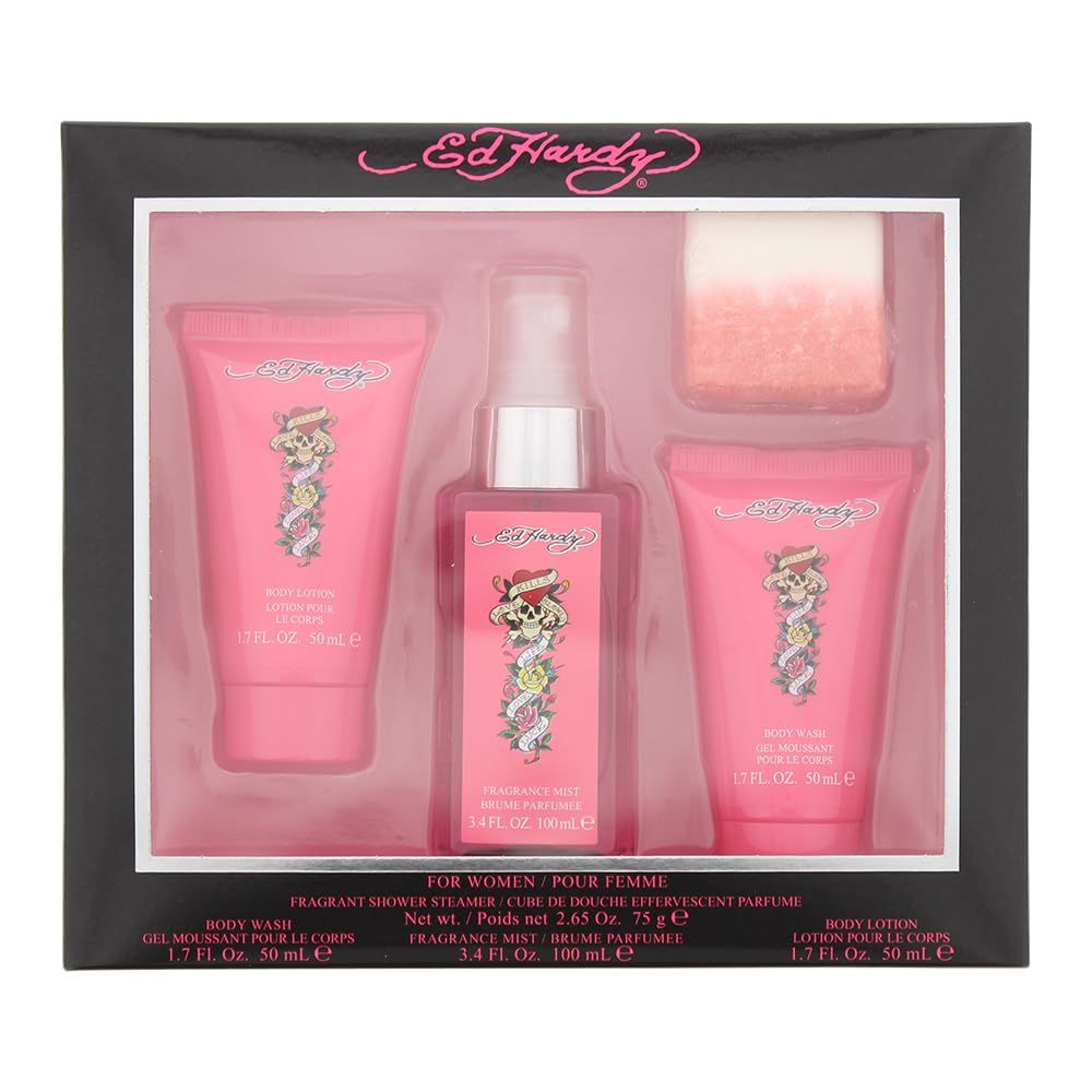 Ed Hardy Women&#39;s Perfume Gift Set, 4 Pieces Include Fragrance Mist, Body Lotion, Body Wash, and Fragrant Bath Fizz