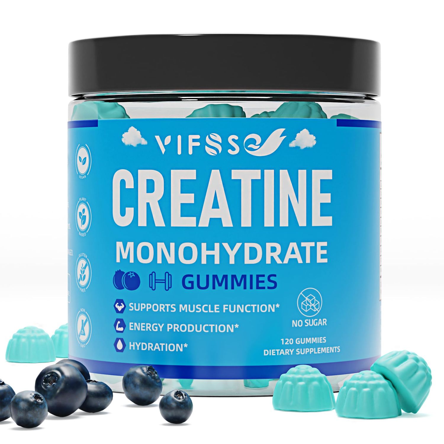 VIFSSG Creatine Monohydrate Gummies 5g for Men Women, 120 Creatine Sugar Free Gummies with BCAA 1000 mg, Collagen Peptides, Taurine, B12, Chewables Creatine for Muscle Support, Energy Boost, 1Pack