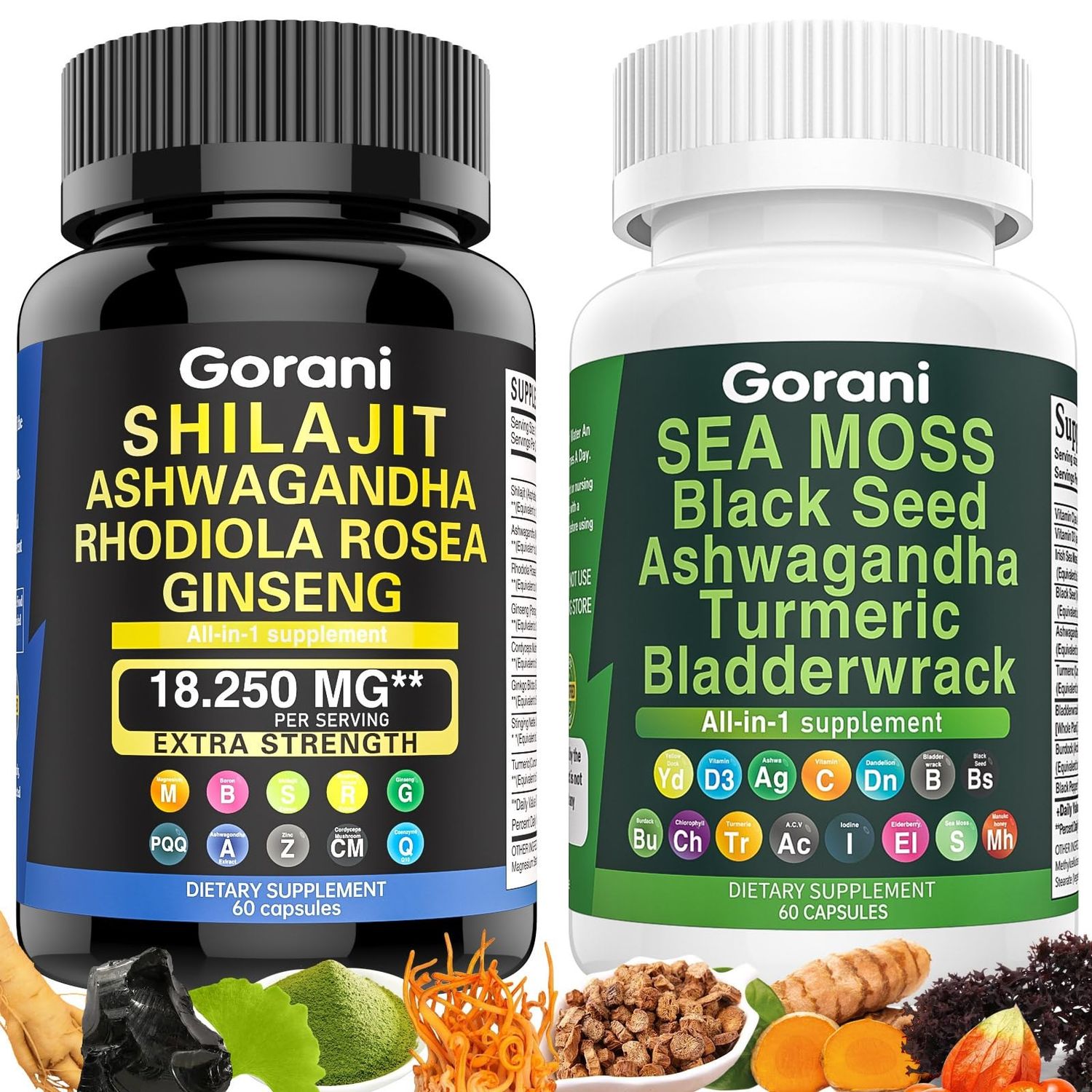 Sea Moss and Shilajit Bundle - Shilajit Pure Himalayan Organic Capsules Sea Moss Black Seed Oil Ashwagandha Ginger Capsules, Shilajit and Sea Moss Combo for Men Women (2 Pack)