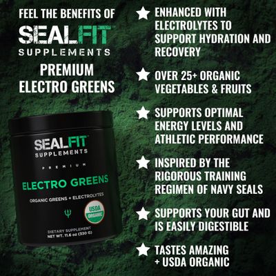 SEALFIT ElectroGreens - USDA Organic Greens Superfood Electrolytes Powder. 25 Superfoods for Energy and Hydration. Super Green Juice and Electrolyte Powder Inspired by Former Navy Seal Mark Divine