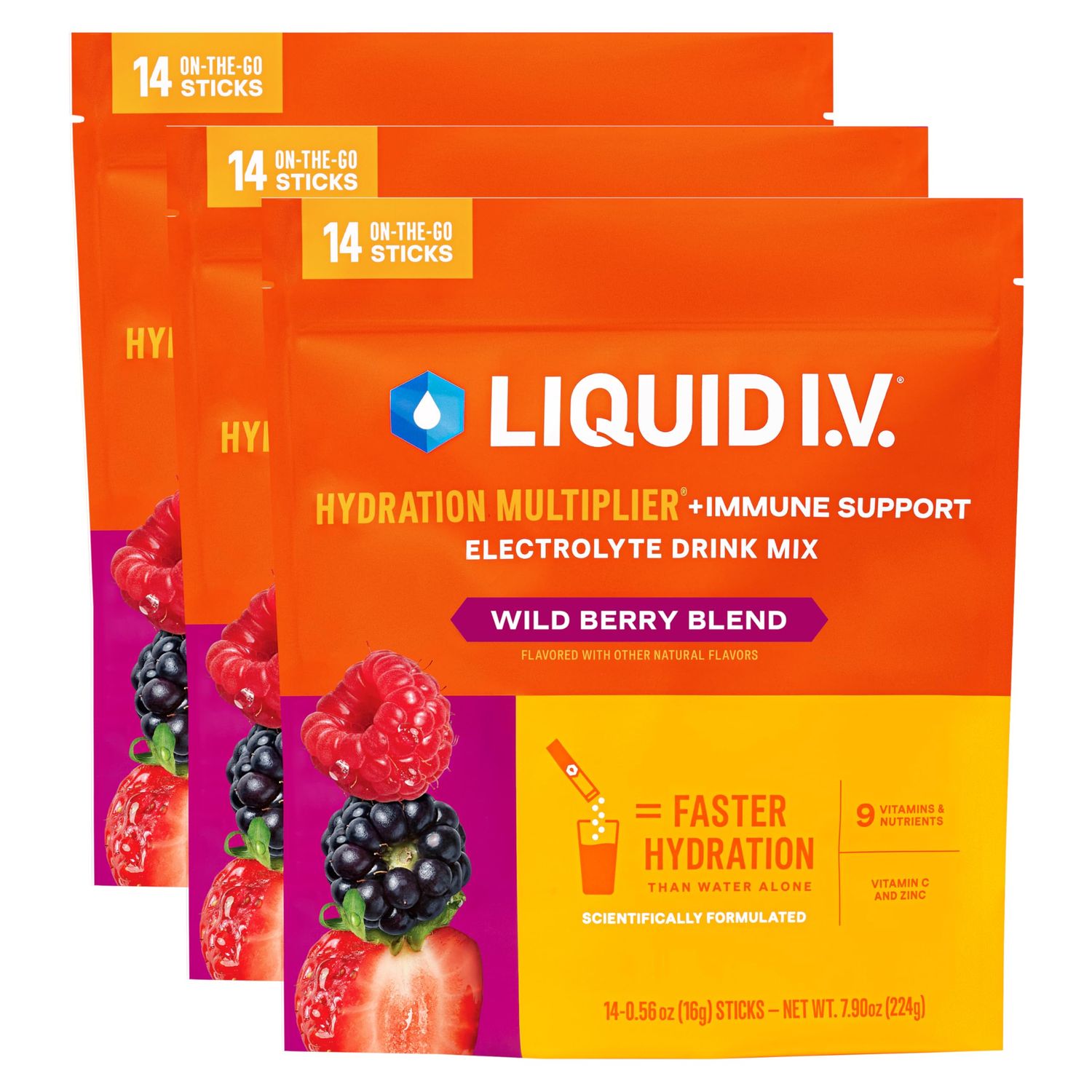 Liquid I.V. Hydration Multiplier Immune Support - Wild Berry Blend Electrolyte Powder Drink Mix 3 Pack (42 Servings)