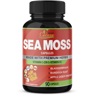 Organic Cadane Irish Sea Moss Extract Capsules - 9in1 with VitC, VitD, Bladderwrack, Burdock Root, Elderberry More - Supports Immune System Overall Health - 90Capsules