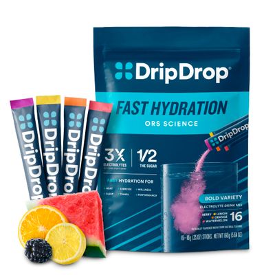 DripDrop Hydration Packets - Bold Variety Pack - Single Serve Electrolytes Powder Drink Mix - Watermelon, Berry, Lemon, Orange - Non-GMO, Gluten Free, Vegan - 16 Sticks