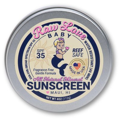 Raw Love Baby Sunscreen 0-6 Months Up Babies, Infant, Toddler, Kids Natural Mineral Sunscreen Sensitive Skin, Fragrance Free Zinc Oxide SPF 35 No Chemicals, Reef Safe, Water Resistant 4 Oz