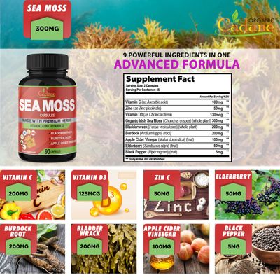 Organic Cadane Irish Sea Moss Extract Capsules - 9in1 with VitC, VitD, Bladderwrack, Burdock Root, Elderberry More - Supports Immune System Overall Health - 90Capsules