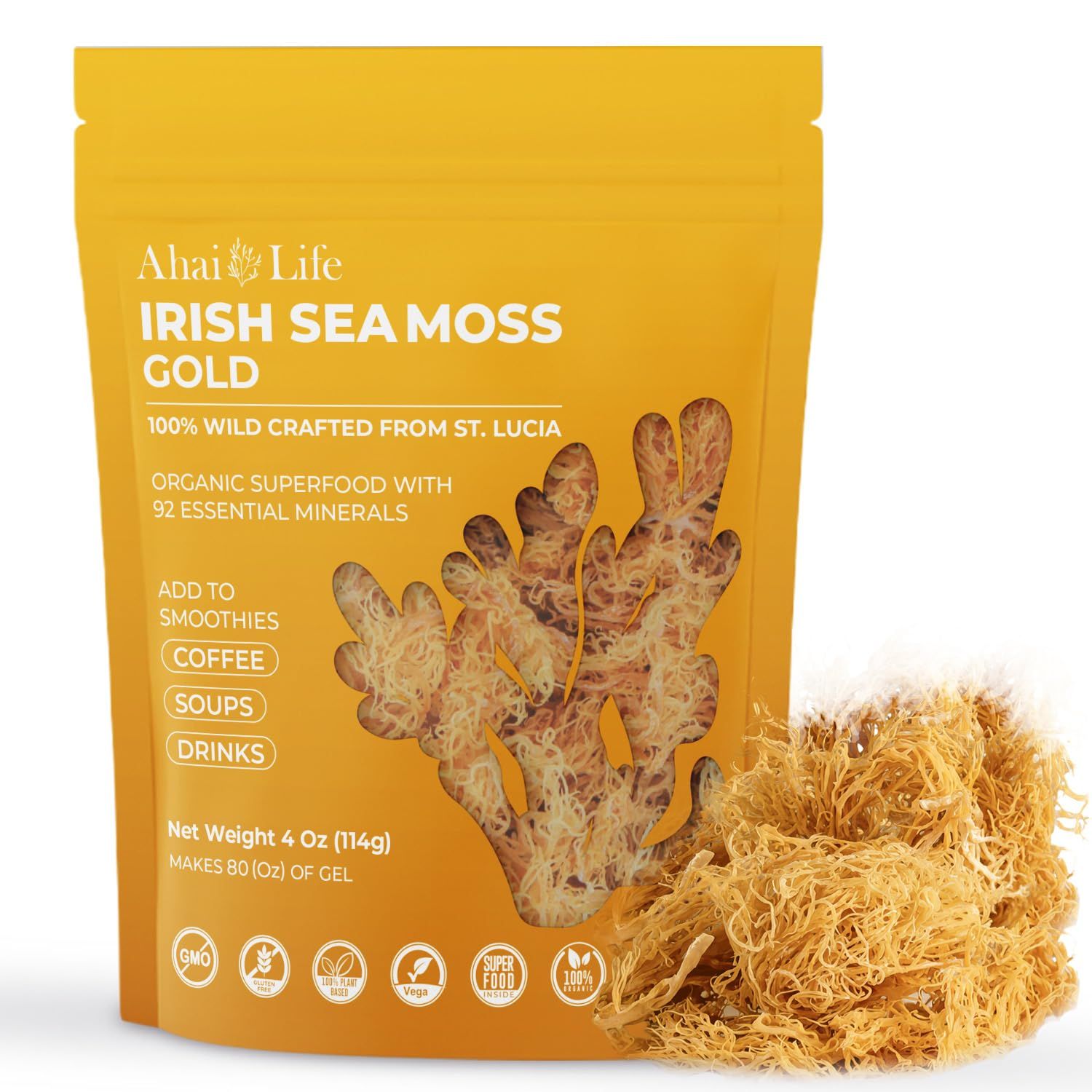 Gold Sea Moss Raw Organic Makes 80oz of Gel - 100 Wild Crafted Non-GMO Sun-Dried Mineral Rich Super Food for Energy Booster Healthy, Immunity Digestion (4oz)