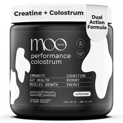 Moo Juice Colostrum Powder - 2000mg Grass-Fed Bovine Colostrum 5000mg Creatine Monohydrate - Supports Gut Health, Immunity, Muscle Recovery Energy - No Fillers, Non-GMO Unflavoured 6.3oz