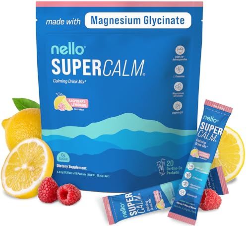 Nello Supercalm Powdered Drink Mix, Raspberry Lemonade, L Theanine, Ksm-66 Ashwagandha, Magnesium Glycinate, Vitamin D 3, Supplements for Relaxation Focus, No Sugar, Non GMO, On The Go, 20 Ct