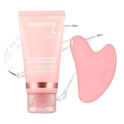 VERVECOS Collagen Night Wrapping Mask,Peel Off Facial Mask Collagen Face Mask,Deep Cleansing, Firming Skin, Reduces Sagging Dullness, Glowing Skin (with Brush Gua sha facial tools)