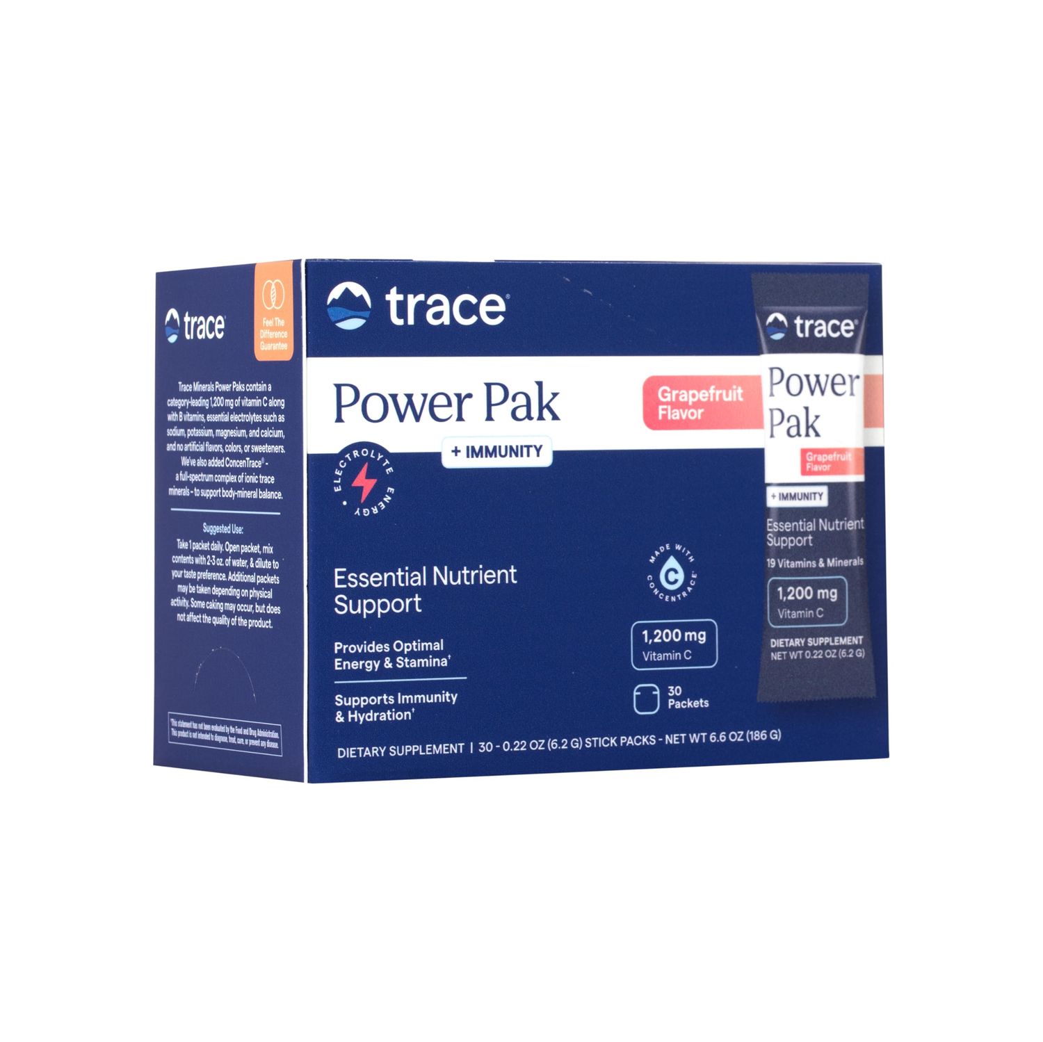 Trace Minerals Power Pak Electrolyte Immunity Boost Drink Packets 1200 mg Vitamin C, Elderberry, Zinc, D3, B6, B12 Immunity, Hydration, Energy Support Fizzy Grapefruit 30 Packets