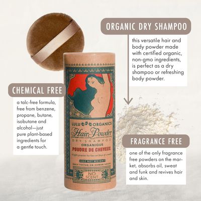 Non Aerosol Dry Shampoo Powder for Dark, Blonde and Oily Hair, All Natural Organic Hair and Body Powder, Paraben Talc free No White Cast Synthetic Fragrance, Unscented - 4oz