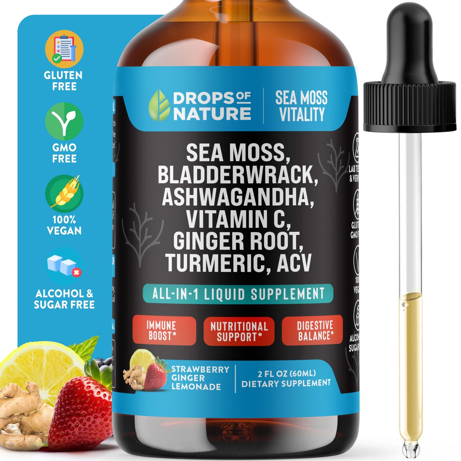 Ashwagandha Turmeric Liquid Drops - Vitamin C, Sea Moss, Apple Cider Vinegar, Bladderwrack - Vegan Liquid Drops for Comprehensive Wellness Support Vital Immunity (Strawberry Ginger Lemonade, 60mL)