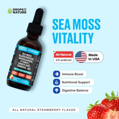 Ashwagandha Turmeric Liquid Drops - Vitamin C, Sea Moss, Apple Cider Vinegar, Bladderwrack - Vegan Liquid Drops for Comprehensive Wellness Support Vital Immunity (Strawberry Ginger Lemonade, 60mL)