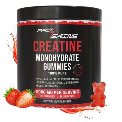 PRO GAINS Creatine Monohydrate Gummies - 120 Gummies 30 Servings Strawberry Flavor for Muscle Mass Strength 100 Pure - Zero Sugar