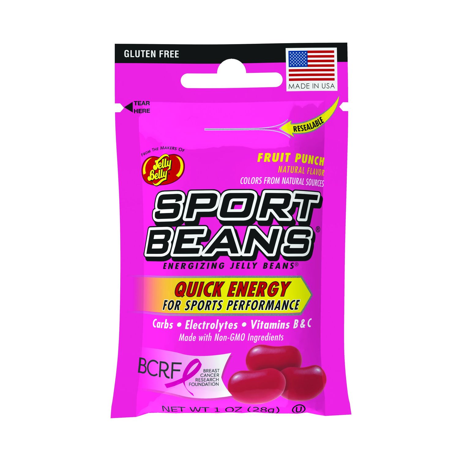 Sport Beans Energizing Jelly Beans with Electrolytes and Vitamins, by Jelly Belly - Fruit Punch Flavor, Case of 24 x 1 Ounce Resealable Bags