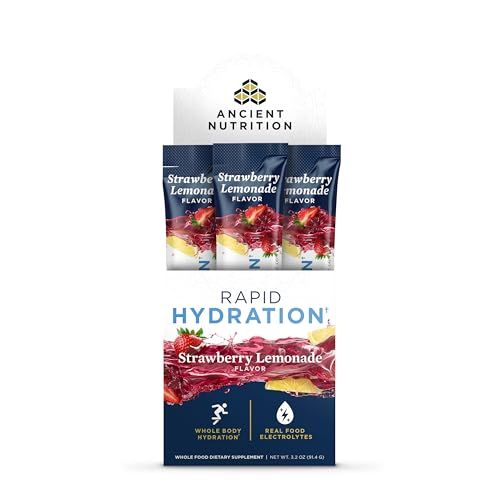 Ancient Nutrition Rapid Hydration Powder, Strawberry Lemonade, Electrolytes from Natural Sea Salts and Red Marine Algae, Supports Rapid Body Hydration and Cellular Health, 15 Servings