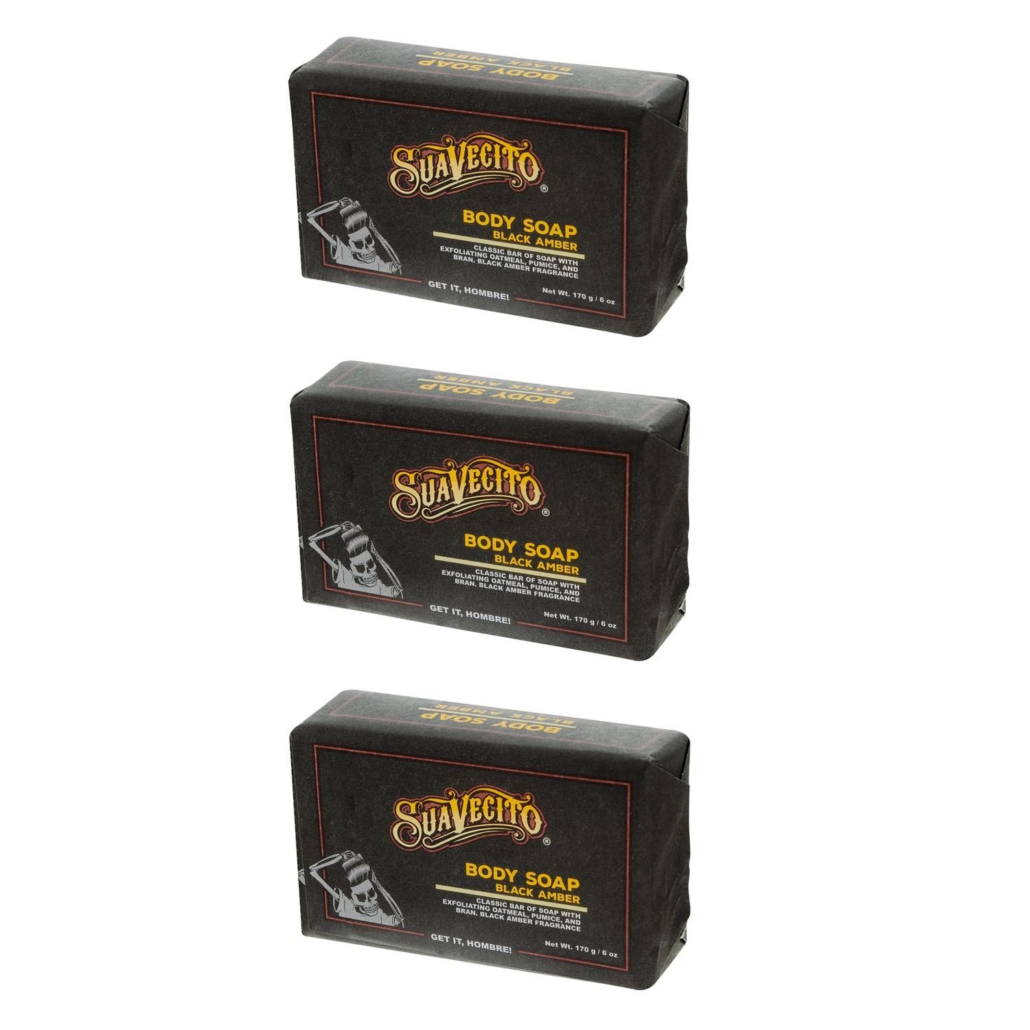 Suavecito Body Hand Soap Bars Moisturizing With Masculine Black Amber Fragrance 6 oz 3 Pack