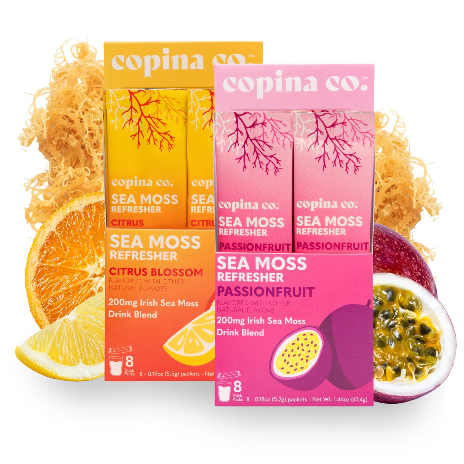 Organic Irish Sea Moss Powder - 200mg Packets for Gut Health and Immune Support - Passionfruit Citrus Blossom Flavored Drink with Coconut Water for Hydration - Variety 16 Stick Packs