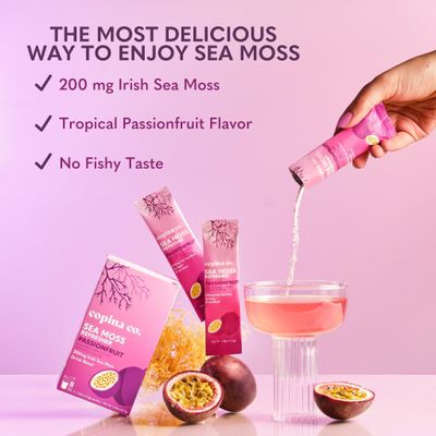 Organic Irish Sea Moss Powder - 200mg Packets for Gut Health and Immune Support - Passionfruit Citrus Blossom Flavored Drink with Coconut Water for Hydration - Variety 16 Stick Packs