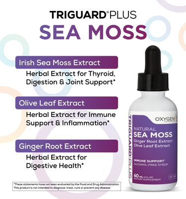 TriGuard Plus Sea Moss - Irish Sea Moss, Olive Leaf Ginger Root Extract Liquid Tincture 2 fl oz For Thyroid, Digestion, Immune Support Energy Alcohol-Free, Non-GMO, Made in USA