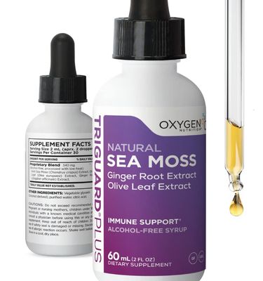 TriGuard Plus Sea Moss - Irish Sea Moss, Olive Leaf Ginger Root Extract Liquid Tincture 2 fl oz For Thyroid, Digestion, Immune Support Energy Alcohol-Free, Non-GMO, Made in USA