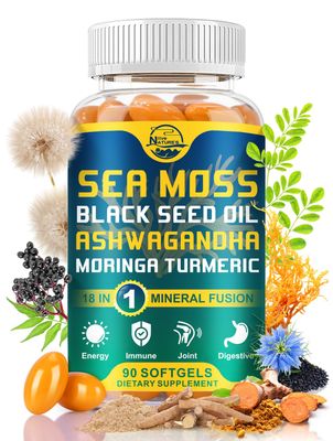 Nature&#39;s live Organic Sea Moss Softgels, with Black Seed Oil, Ashwagandha, Bladderwrack, Ginger, Burdock Root, Manuka Honey, Cinnamon for Immune System, Skin, Energy, 90 Softgels, 1 Pack