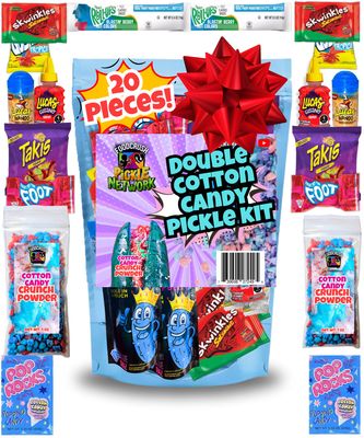 Cotton Candy Pickle Kit For 2 20 Pieces 2 X Cotton Candy Crunch, Pop Rocks, Blue Raz Pickles, Takis, Lucas Gusano Chamoy, Skwinkles, Unique Tiktok trend items gifts for kids teen girls boys