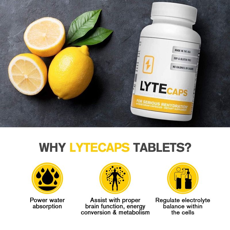 LyteCaps Electrolyte Tablets - 60 Vegetarian Capsules - for Serious Rehydration and Cramps, Dehydration - Magnesium, Potassium, Sodium and Zinc - Free of Gluten, Dairy and Nuts