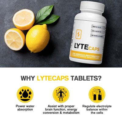 LyteCaps Electrolyte Tablets - 60 Vegetarian Capsules - for Serious Rehydration and Cramps, Dehydration - Magnesium, Potassium, Sodium and Zinc - Free of Gluten, Dairy and Nuts