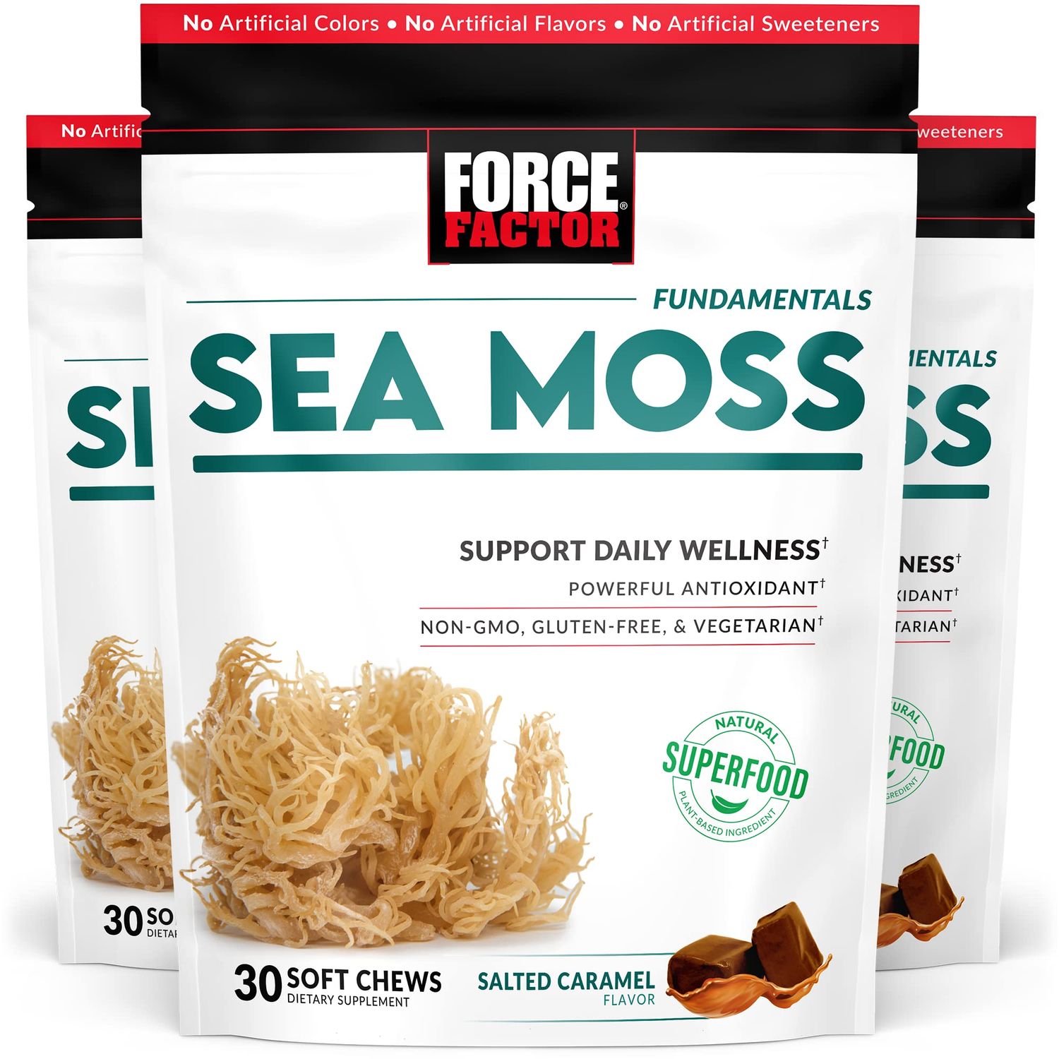 FORCE FACTOR Sea Moss Soft Chews, Support Immunity Heart Health, Irish Sea Moss Superfood Antioxidants Supplement, Non-GMO, Gluten-Free, Salted Caramel Flavor, 90 Soft Chews, 3 Packs, 18 Ounces
