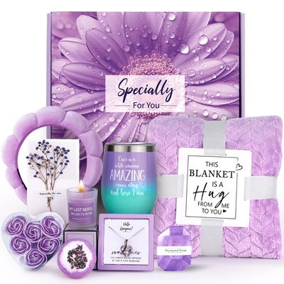 Mother&#39;s Day Gifts for Wife Mum, Birthday Gifts for Women Her Girlfriend Sister Friends,Relaxing Spa Gifts Baskets w Blanket,Get Well Soon Self Care Gifts, Purple Gifts Baskets for Women Mum Grandma