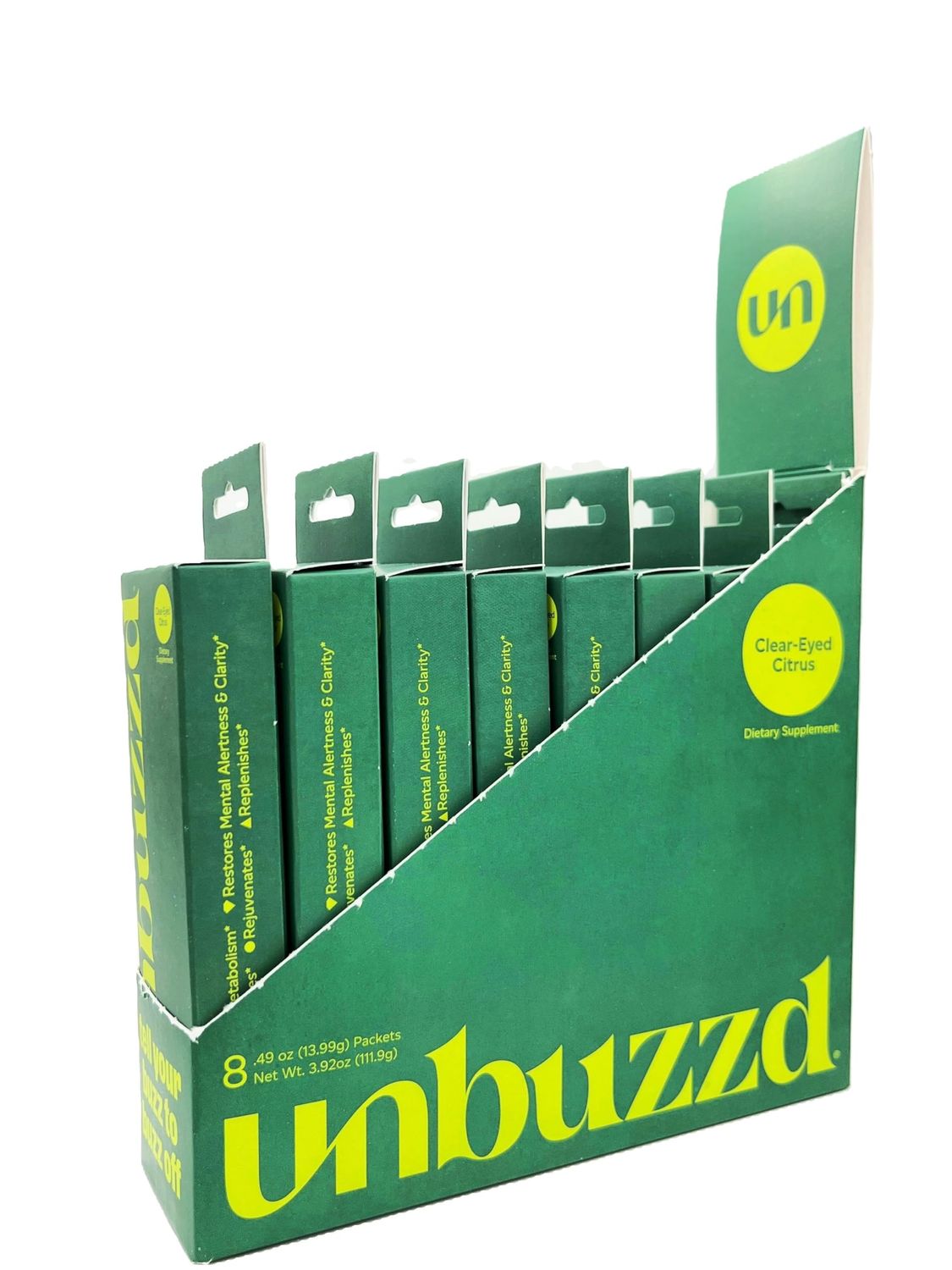 unbuzzd Clear-Eyed Citrus 8 Powder Sticks Great Tasting Post Drinking Support DHM (Dihydromyricetin), Electrolytes, Vitamins, Milk Thistle Metabolism, Alertness, Rapid Hydration