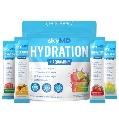 skyMD Variety Pack Electrolyte Drink Packets Fast-Acting Hydration Boost Low-Sugar Formula for Energy Recovery Easy Mix for Water or Travel 16 Single-Serve Sticks